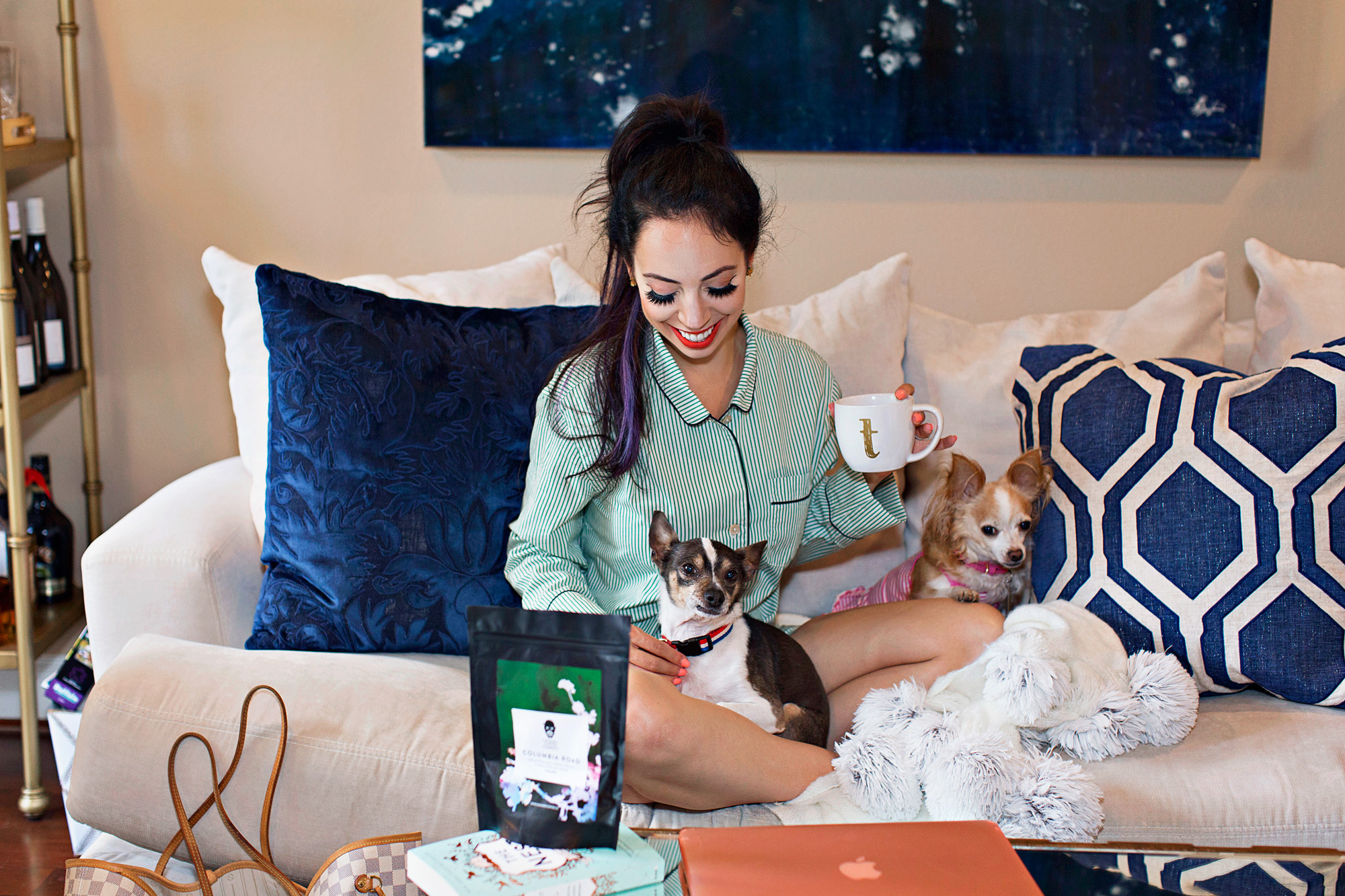 how to be a morning person, j.crew green pinstripe pajamas and hackney coffee co