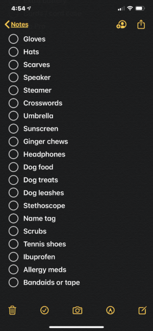 packing list